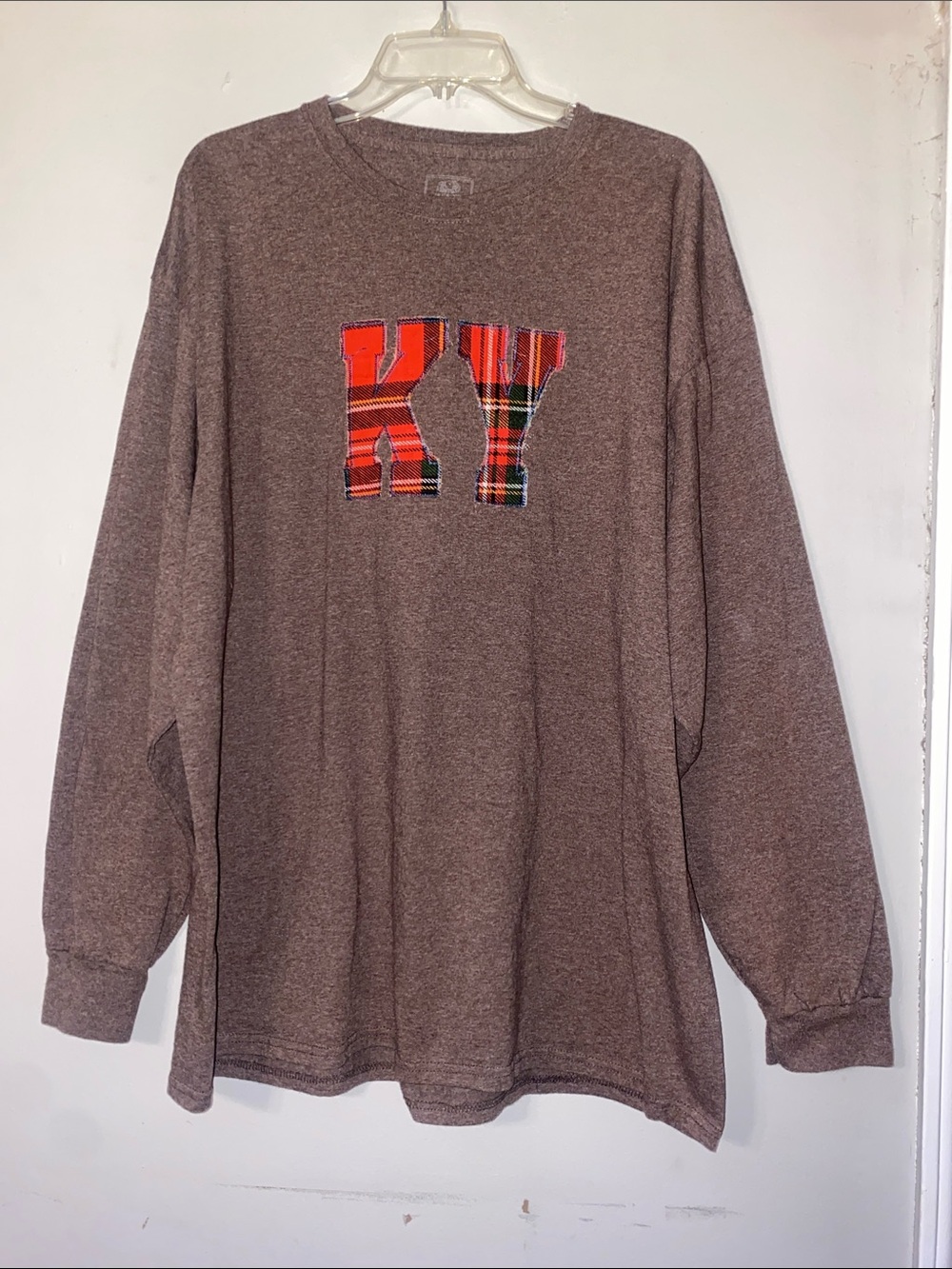 Fruit of the Loom Brown Long Sleeve Tee with Red Plaid KY Patch
